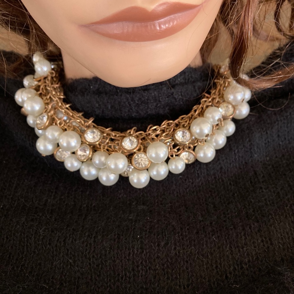 Pearl and rhinestone bib necklace